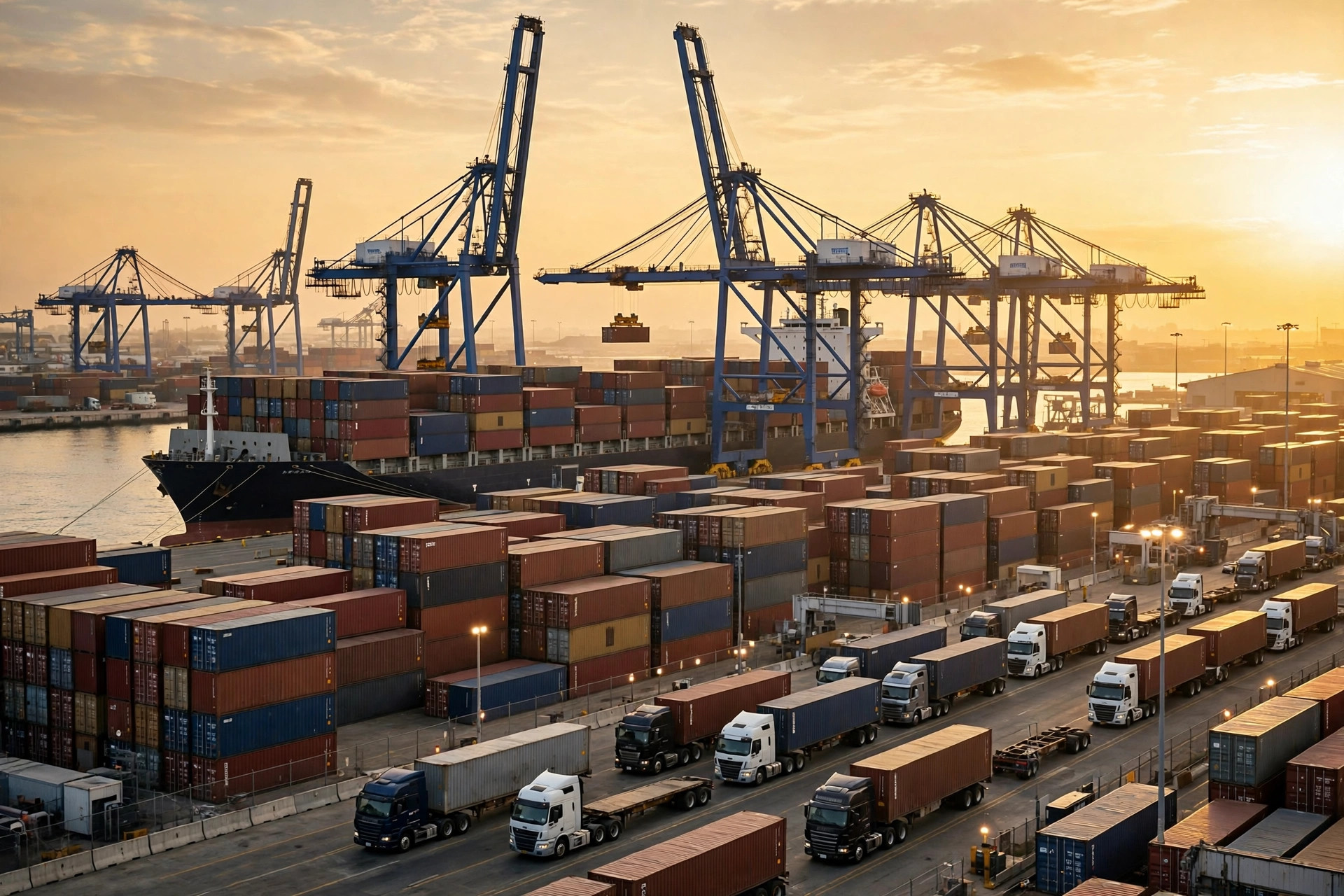 Illustration: a busy container port at golden hour with gantry cranes loading a container ship, container stacks and drayage semi trucks queued at the terminal gate