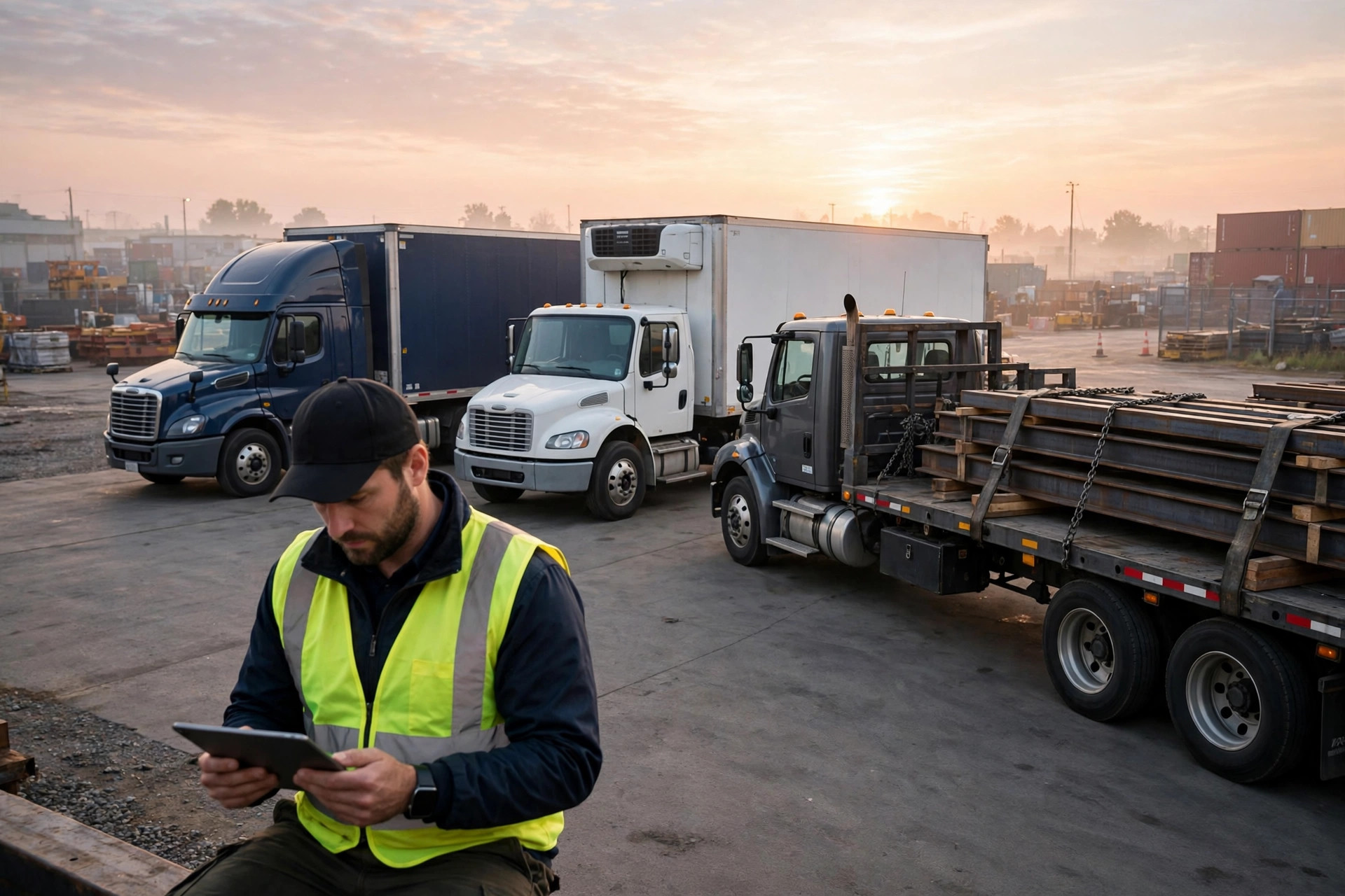 Illustration: a dry van semi truck, a refrigerated truck and a flatbed truck parked side by side at a freight yard at sunrise, with a dispatcher reviewing a tablet in the foreground