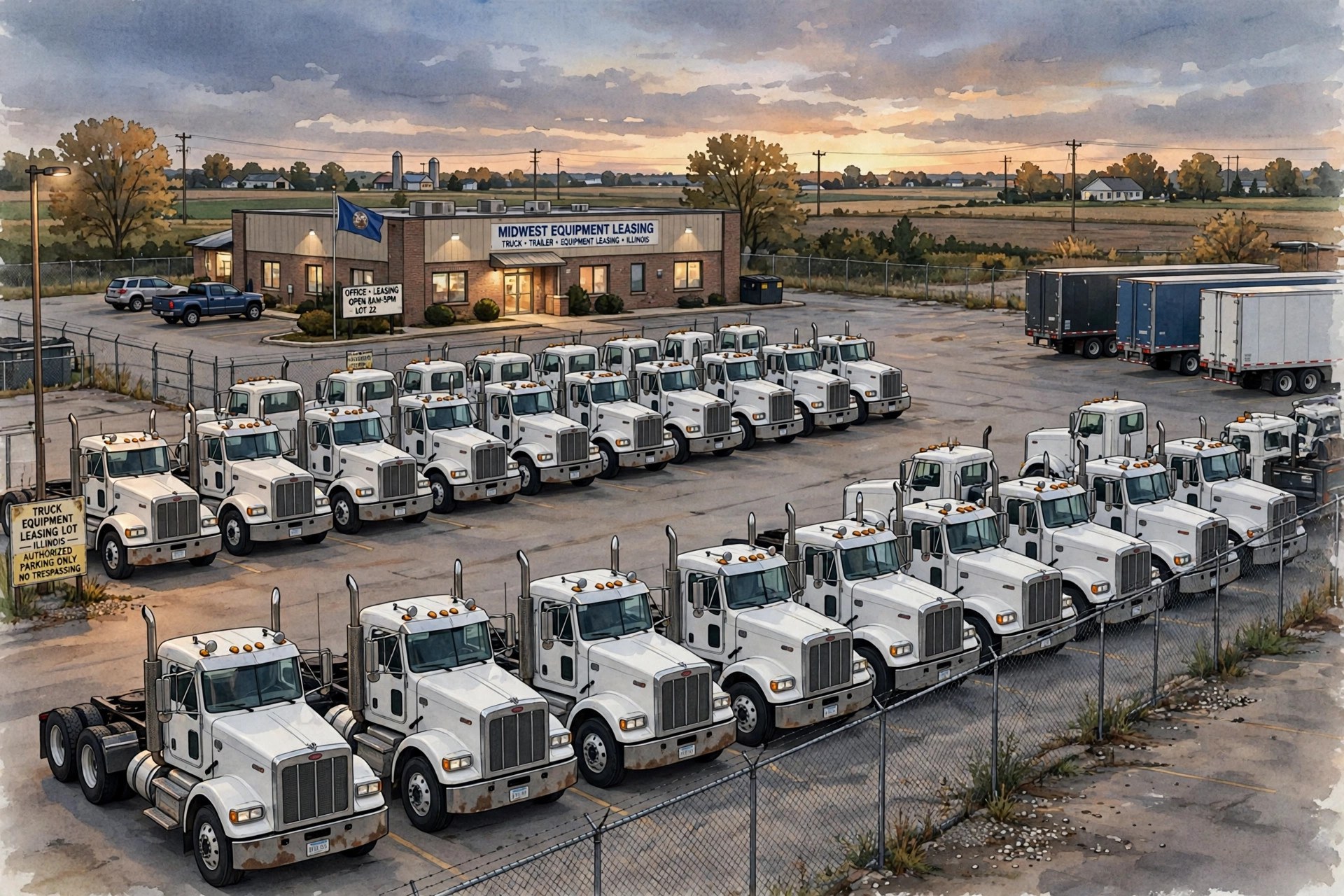 Illustration: rows of white bobtail tractors and semi trailers parked at a truck equipment leasing lot in Illinois at dusk, with the leasing office behind them