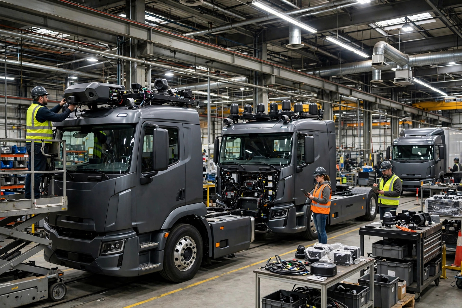 Illustration: driverless semi trucks being upfitted with sensor kits on a production line inside a Michigan manufacturing plant