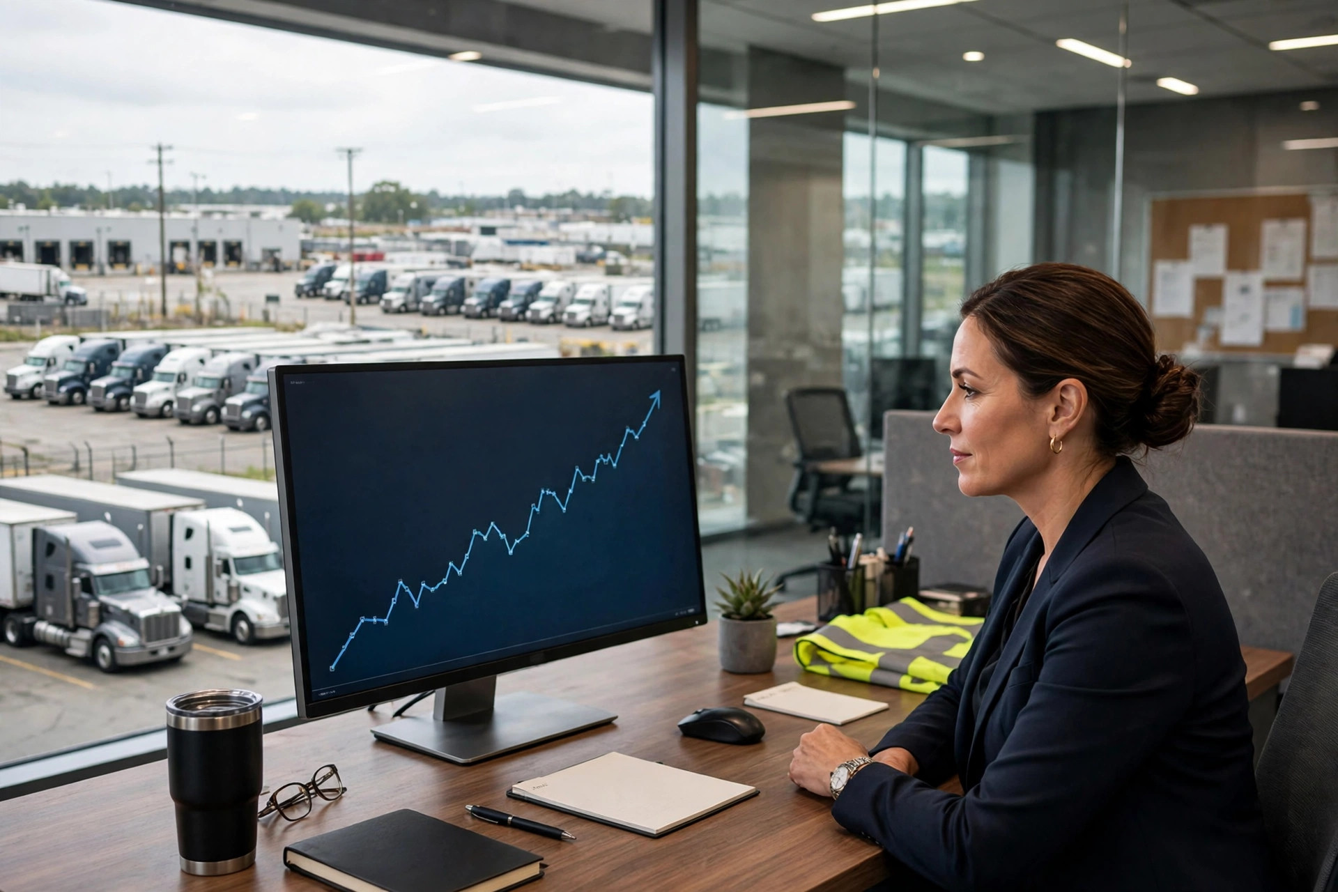 Illustration: a fleet executive reviewing a rising contract-rate chart in a carrier headquarters office, with team tractors parked in the yard below