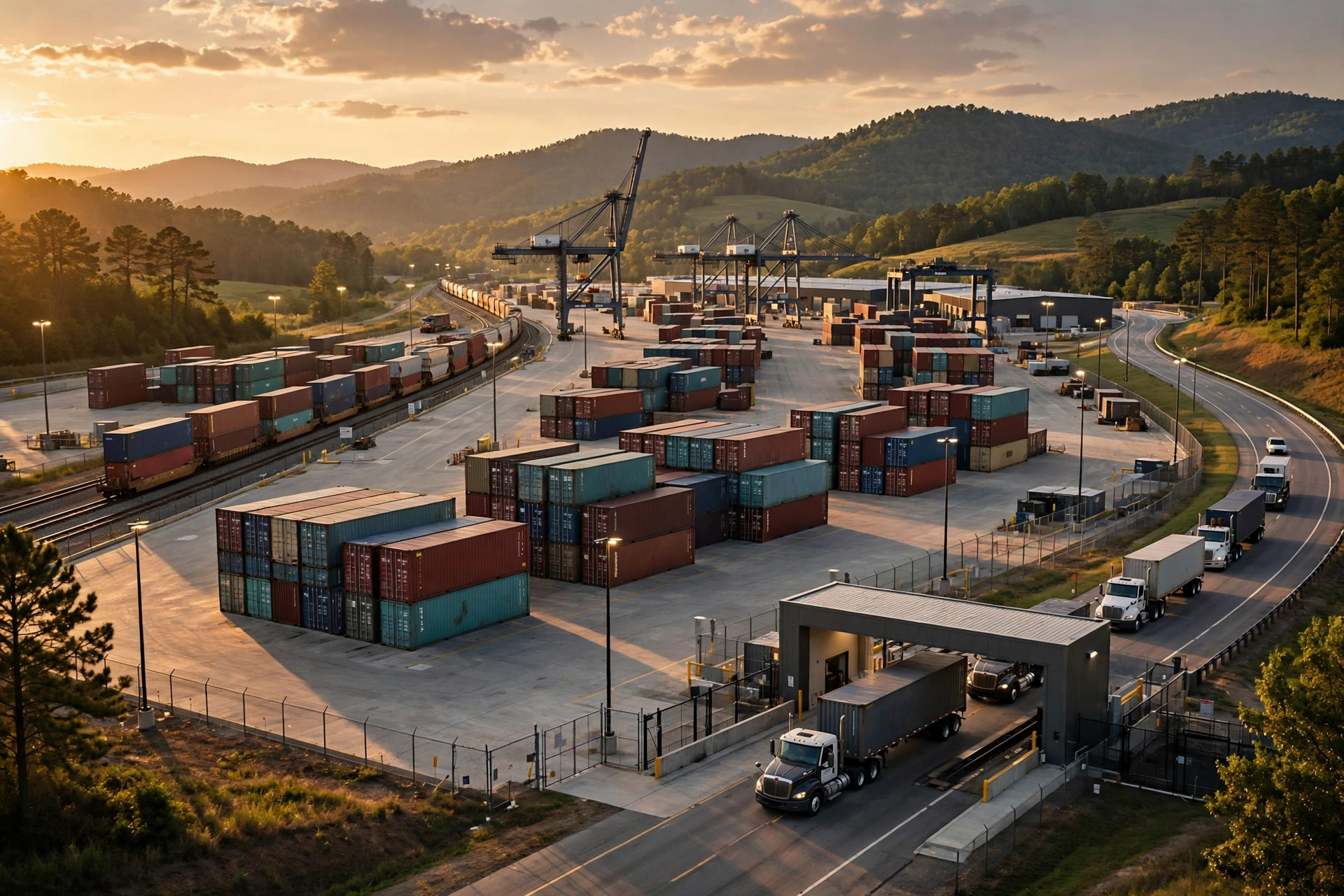 Illustration: a new inland container terminal in northeastern Georgia with stacked containers, a freight train and drayage trucks entering from the interstate