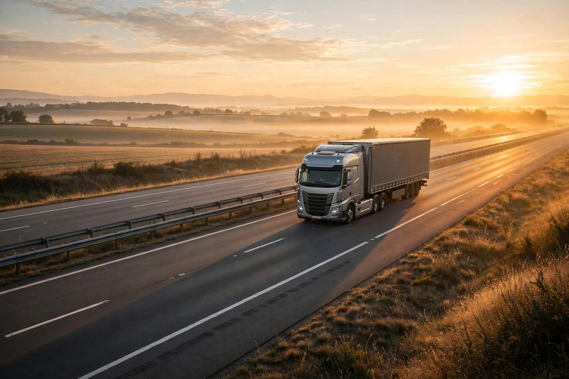 A semi truck on an open interstate at sunrise under golden light