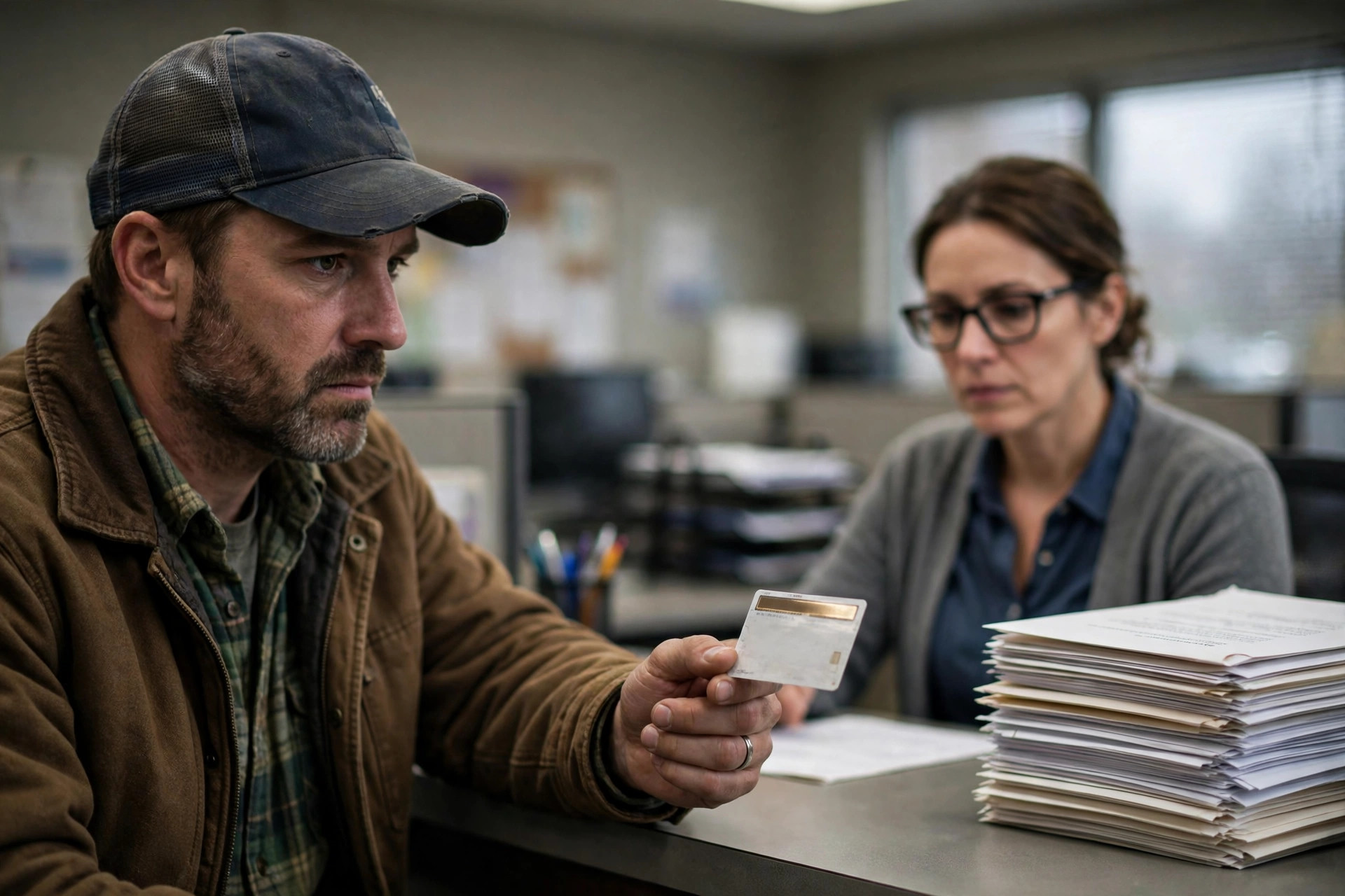 Illustration: a driver holding a commercial driver's license at a state motor vehicle office counter, with a stack of notification letters beside the clerk